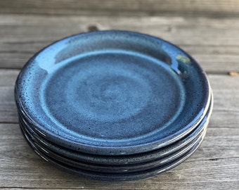 Set of Four Blue Salad Plates. Wheel Thrown, Stoneware Pottery made to order