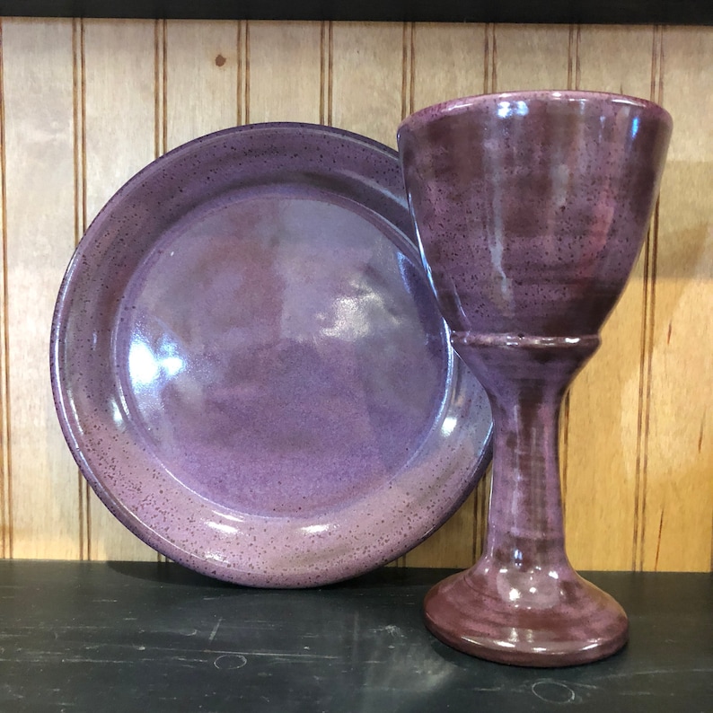 Communion plate and chalice set. Handmade Pottery Made to Order Purple