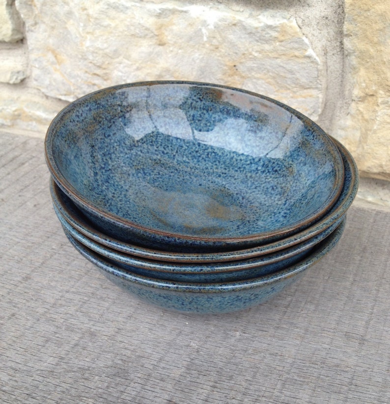 Set of 4 Blue, Wheel thrown stoneware, pottery bowls made to order image 8