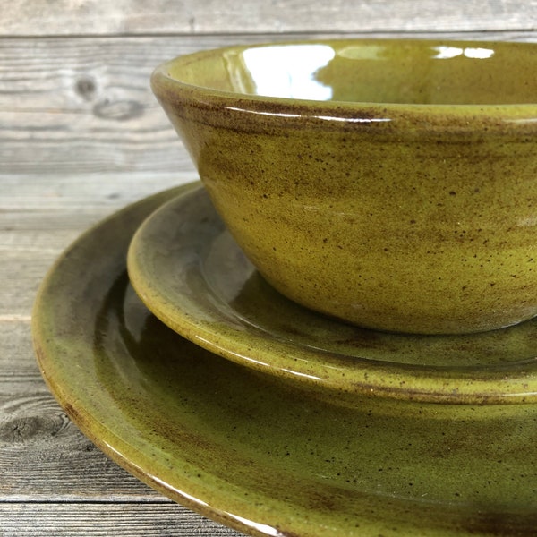 Pottery Dinnerware Set in Olive or Sienna Speckle on Dark Clay made to order