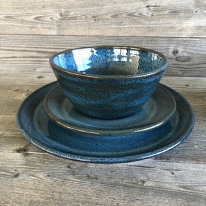 Pottery Dinnerware 3pc Place setting in Rutile Blue **Made to order**