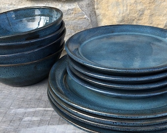 Blue Pottery Dinnerware service for four 12 piece handmade dishes. Made to Order.