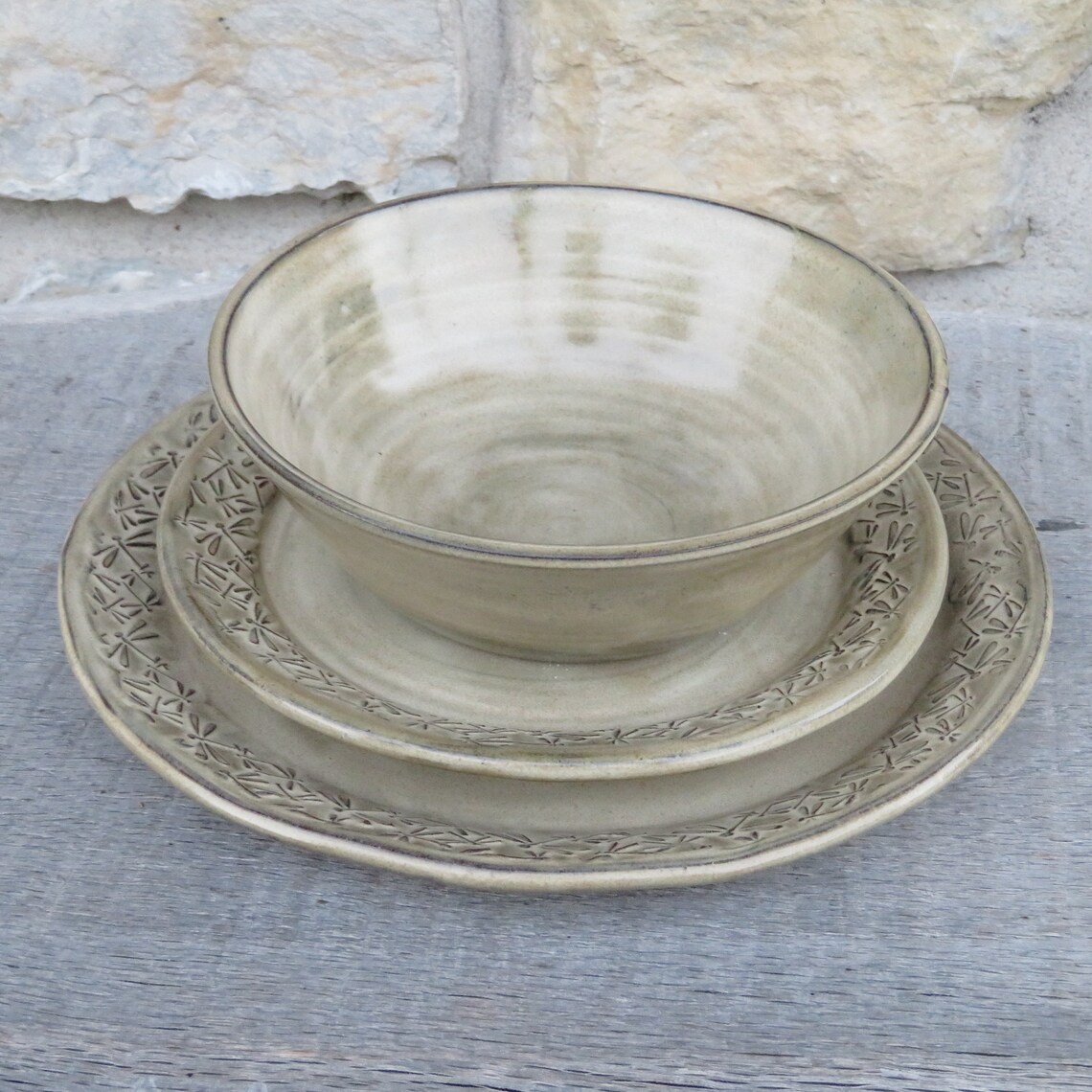 Dragonfly 4pc pottery dinnerware set with embossed dragonflies Etsy