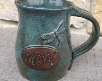 Personalized Name Mug with Dragonfly, Handcrafted, Wheel Thrown Pottery made to order