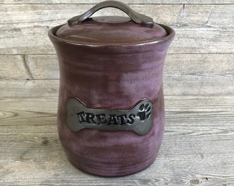 Dark Dog Treat Jar, custom pottery dog treat canister made to order