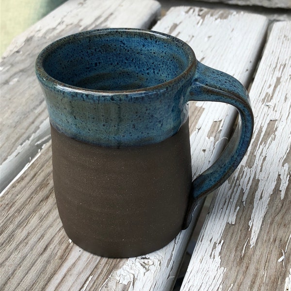 Blue pottery mug with unglazed dark clay, wheel thrown pottery mug made to order