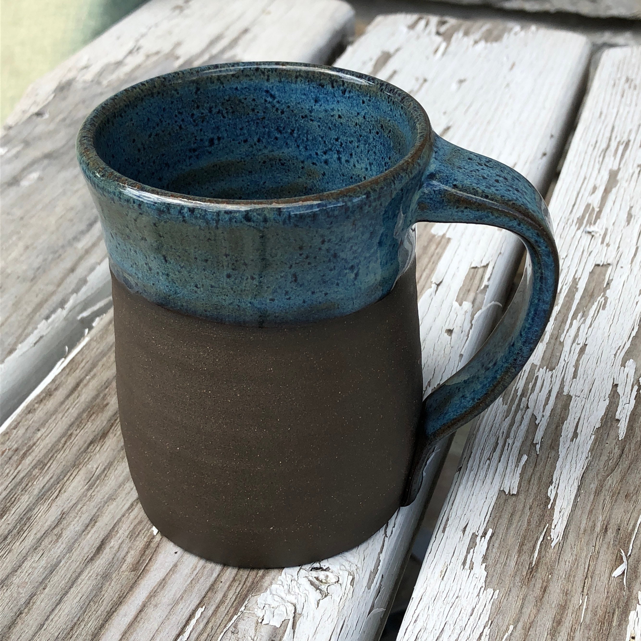 Blue pottery mug with unglazed dark clay wheel thrown pottery Etsy