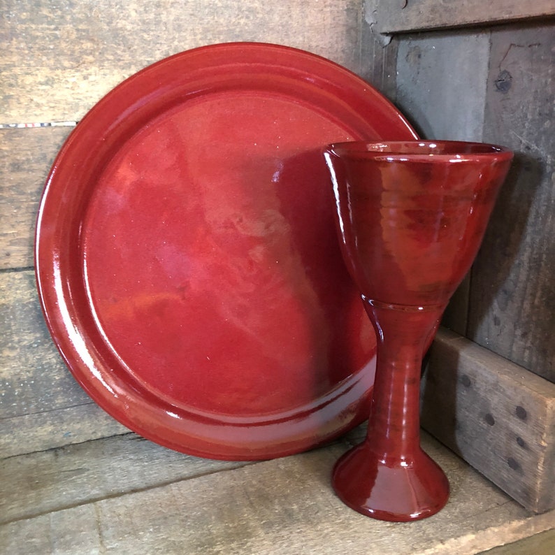 Communion plate and chalice set. Handmade Pottery Made to Order Firebrick Red