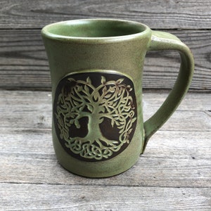 Celtic Tree of Life Pottery Mug with roots green tea glaze made to order