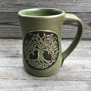 Celtic Tree of Life Pottery Mug with roots green tea glaze made to order