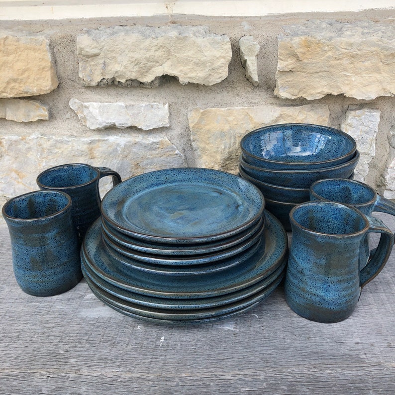 Set of Four Blue Salad Plates. Wheel Thrown, Stoneware Pottery made to order image 7