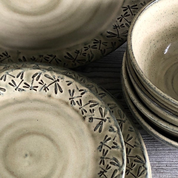 Embossed Dragonfly Pottery Dinnerware Set - Handmade Service for Four  **Made to Order**