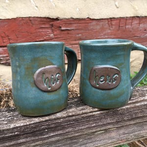 His and Hers or Mr and Mrs personalized pottery mugs Great wedding or anniversary gift made to order image 4