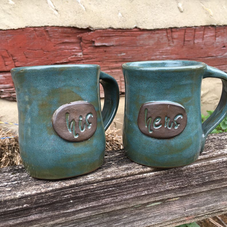 His and Hers or Mr and Mrs personalized pottery mugs Great wedding or anniversary gift made to order image 4