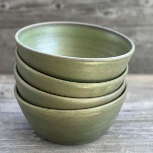 Pottery Bowls, handmade soup, salad or cereal bowls with Tea Green glaze set of four made to order