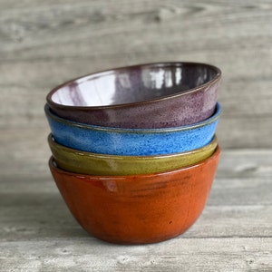 Set of 4 Brightly glazed Pottery Soup or Cereal Bowls, handmade pottery  bowls made to order