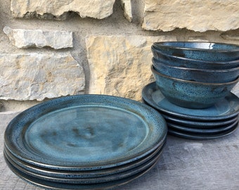 Blue Pottery Dinnerware service for four 12pc handmade dishes made to order