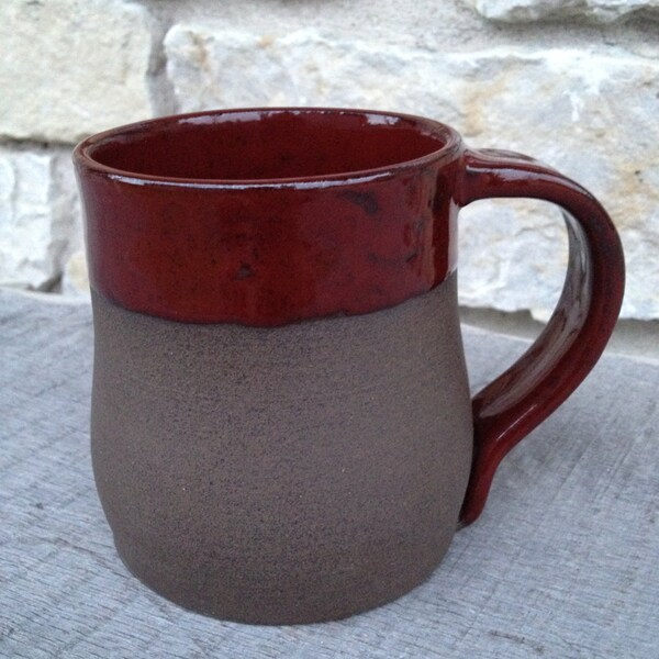 Red pottery mug with raw clay. Hand made mug. made to order