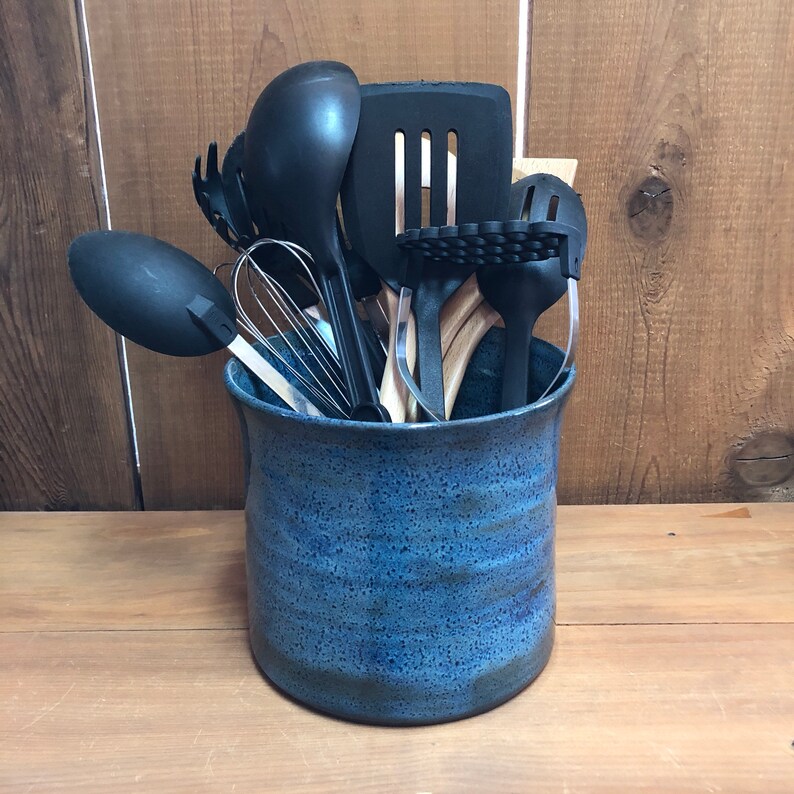 Utensil Holder, Ceramic Utensil Crock, Kitchen Storage Jar made to order Rutile Blue