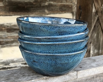 Set of 4 Blue, Wheel thrown stoneware, pottery bowls made to order