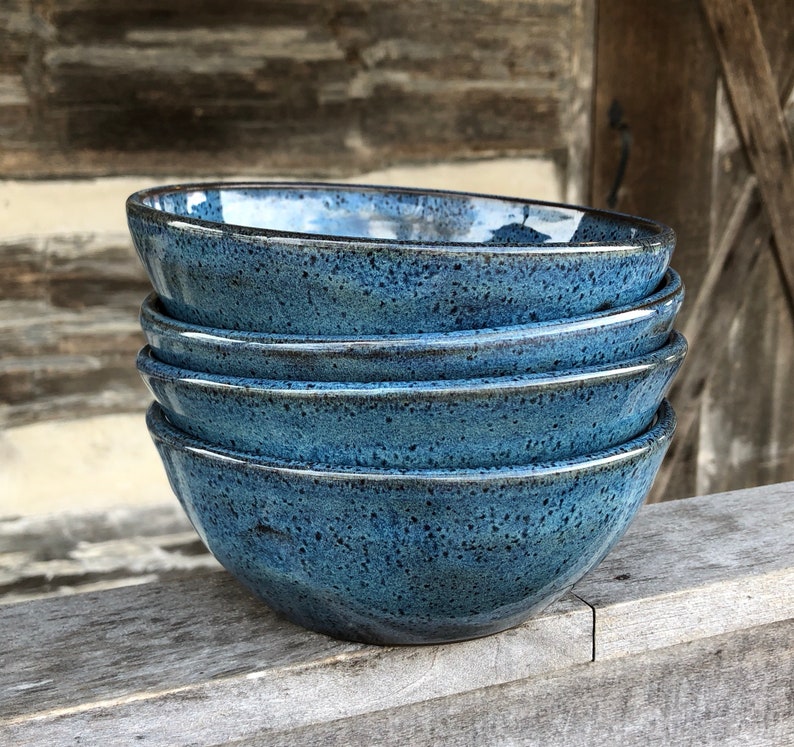 Set of 4 Blue, Wheel thrown stoneware, pottery bowls made to order image 1