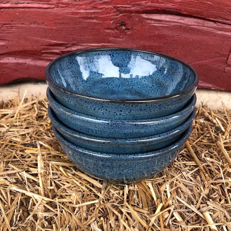 Set of 4 Blue, Wheel thrown stoneware, pottery bowls made to order image 7