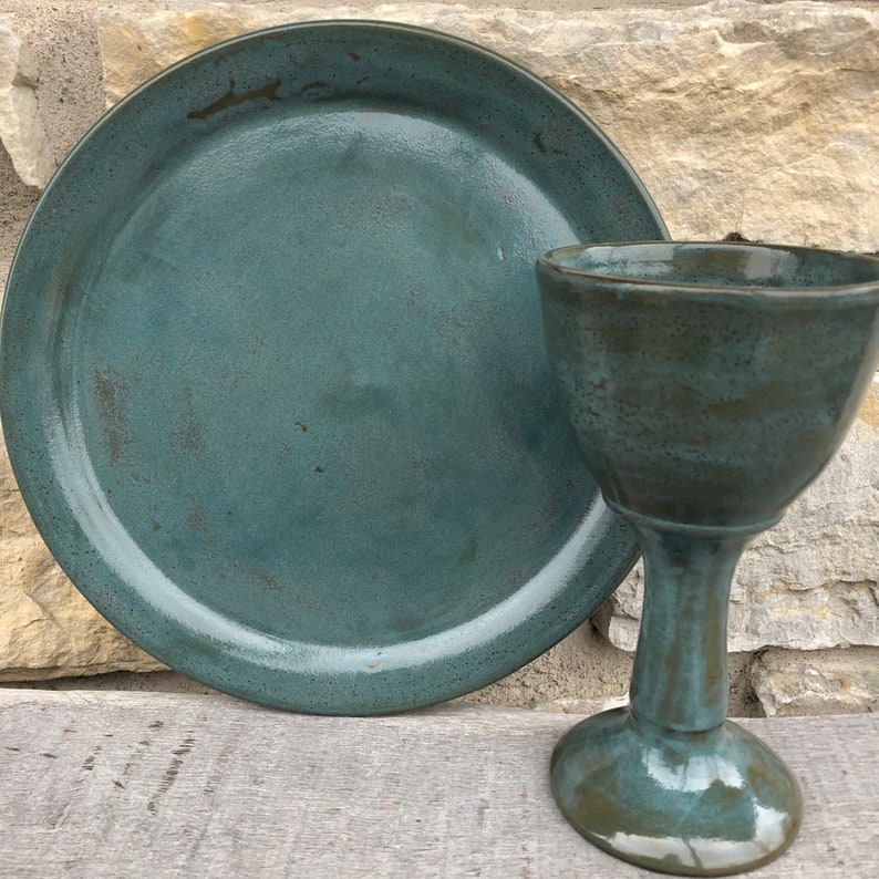 Communion plate and chalice set. Handmade Pottery Made to Order Tourmaline