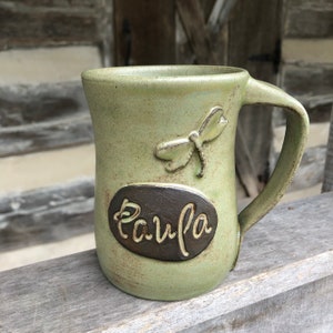 Personalized pottery mug with name, custom coffee cup Made to order Green Tea