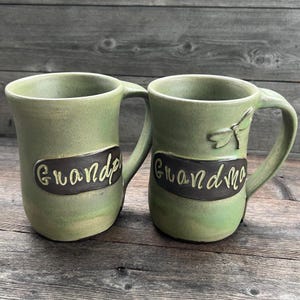Grandma and Grandpa personalized pottery mugs with dragonfly **Made to Order**