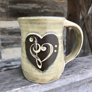 Music mug, handcrafted Treble Bass Clef Heart coffee cup **Made to Order**