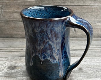 Blue pottery mug on Dark Clay with drips made to order