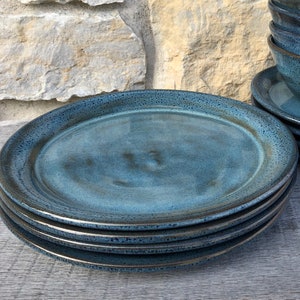 Pottery dinner plates set of 4 wheel thrown dinner platters in Rutile Blue glaze made to order