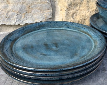 Pottery dinner plates set of 4 wheel thrown dinner platters in Rutile Blue glaze made to order