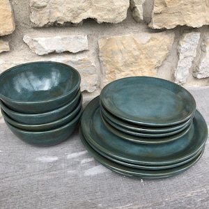 Pottery Dinnerware service for four 12pc handmade dishes blue/green glaze made to order