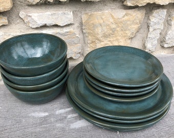 Pottery Dinnerware service for four 12pc handmade dishes blue/green glaze made to order