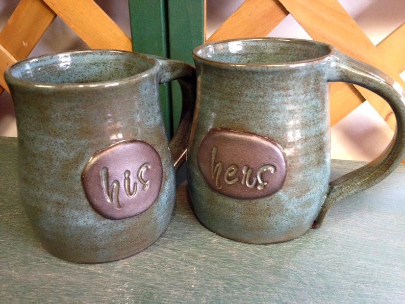 His and Hers or Mr and Mrs personalized pottery mugs Great wedding or anniversary gift made to order image 5