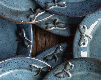 Dragonfly Dinner plates, stoneware, wheel thrown pottery 4pc set made to order