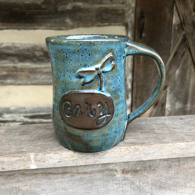 Personalized pottery mug with name, custom coffee cup Made to order Blue