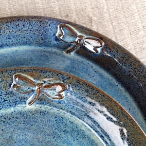 May include: Two blue ceramic plates with a dragonfly design. The plates are nested together, with the smaller plate on top. The dragonfly design is in brown and white.