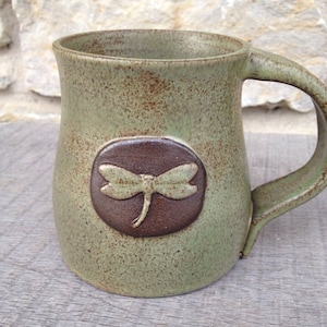 Dragonfly Pottery Mug, Tea Green on Dark Clay **Made to Order**