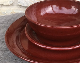 Red Pottery Dinnerware Place setting. Set of handmade red pottery dishes. made to order