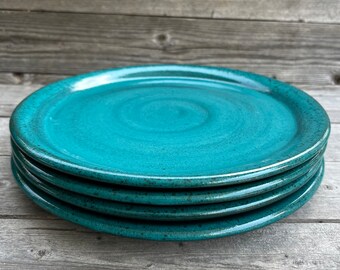 Set van 4 turquoise aardewerk dinerborden, handgemaakte aardewerken borden **MADE TO ORDER**