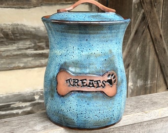 Dog treat canister jar rutile blue pottery handmade *Made to Order*