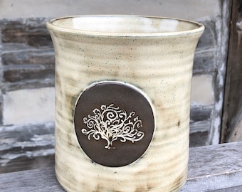 Pottery Utensil Holder with Tree of Life made to order