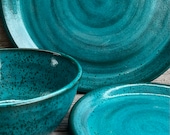 3 pc Pottery Dinnerware Set in Turquoise on Dark Clay made to order