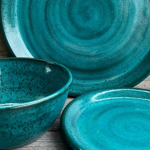 3 pc Pottery Dinnerware Set in Turquoise on Dark Clay **made to order**