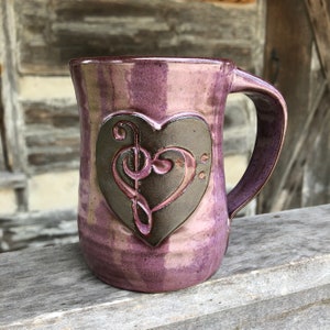 Music mug, handcrafted Treble Bass Clef Heart coffee cup made to order