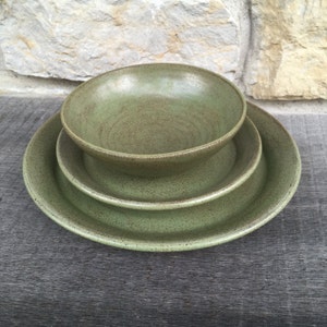 3pc pottery dinnerware place setting in tea green on dark clay (no mug) made to order