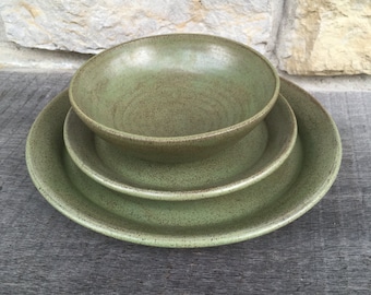 3pc pottery dinnerware place setting in tea green on dark clay (no mug) made to order