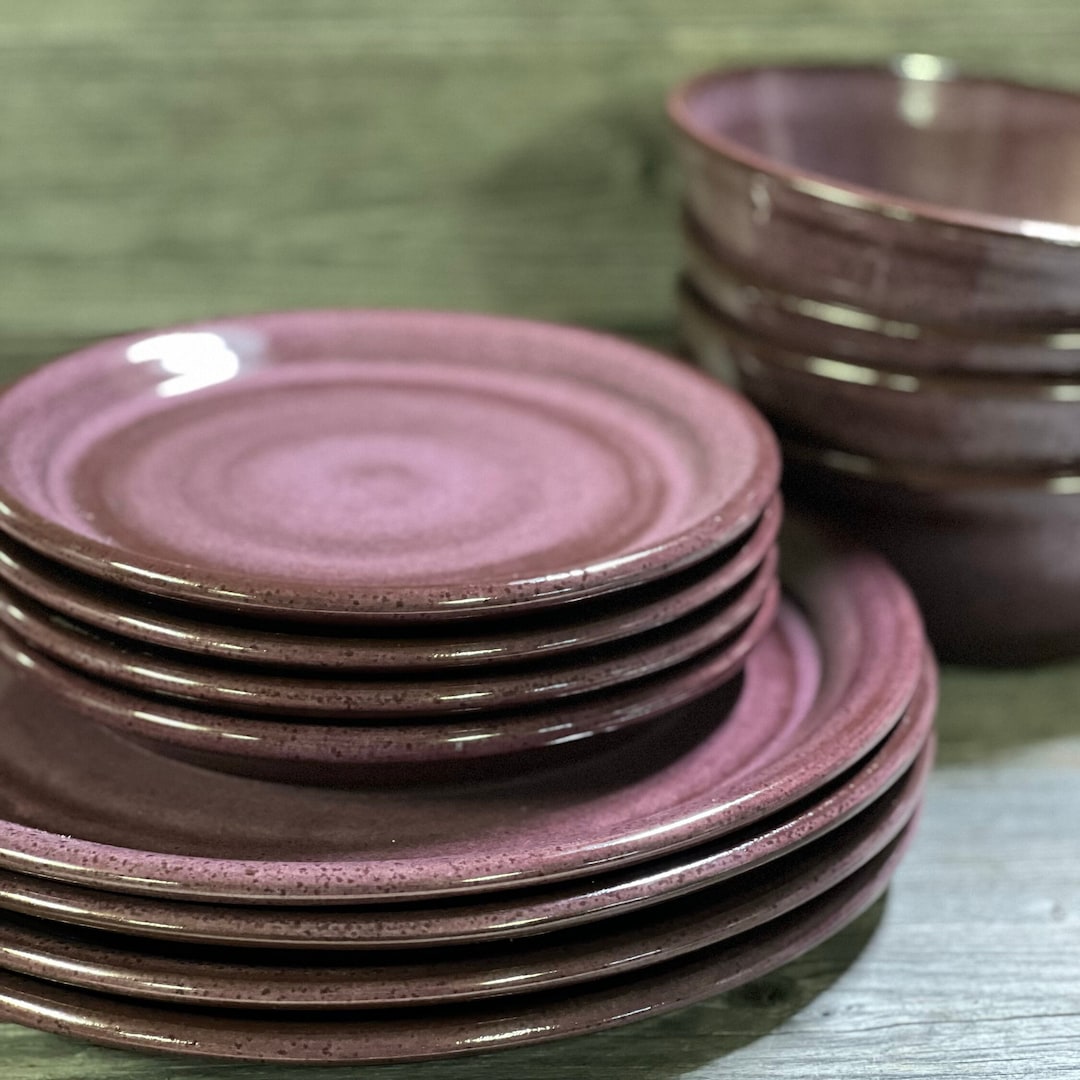 12 Piece Purple Pottery Dinnerware Service for Handmade